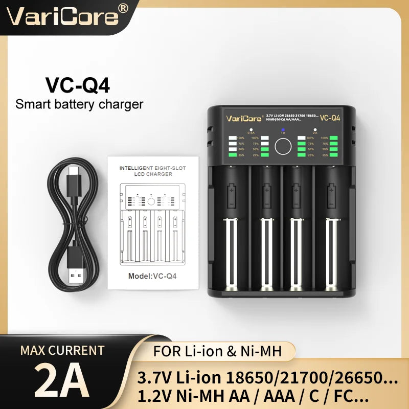 VCQ4 TC2 Intelligent Battery Charger Portable for 3.7V Lithium 18650 26650 21700 18500 18350 1.2V NI-MH Ni-Cd AA AAA